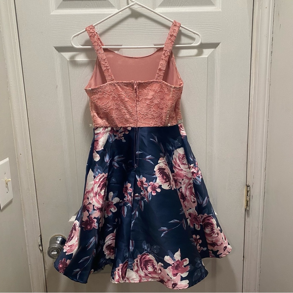 Speechless kids pink and navy blue rosette satin dress - Picture 2 of 3